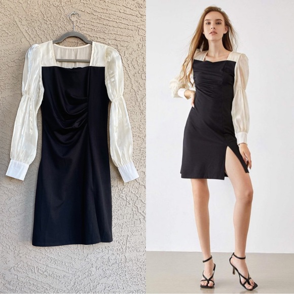 J.ING Black & White Shiny Iridescent Ivory Long Sleeve Ruched Dress Mini Dress M - Picture 4 of 17